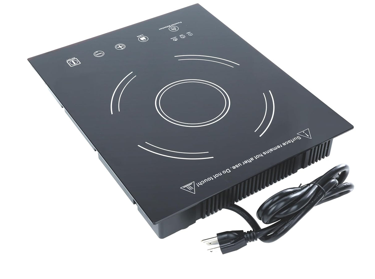 A black portable Drop-In Induction Cooker with a ceramic glass surface, digital touch control panel, circular cooking zone markings, safety warnings, and a coiled three-prong power cord is displayed on a white background.