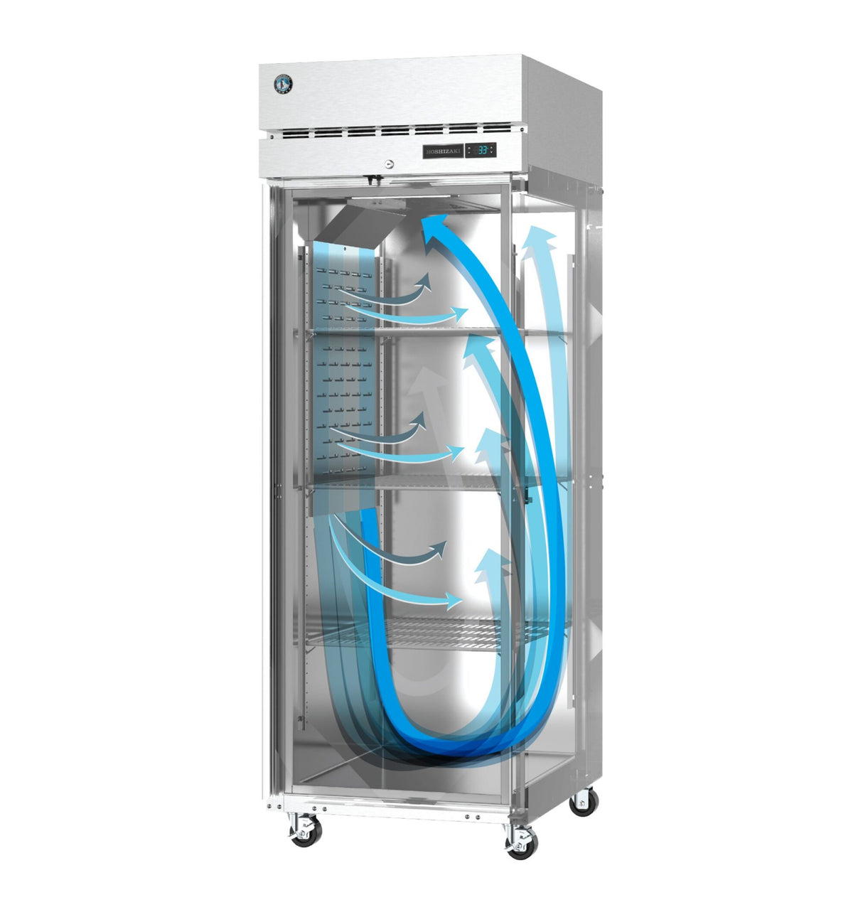 A tall, silver Hoshizaki Steelheart Series reach-in refrigerator with a transparent door shows blue arrows inside, illustrating air flow circulating from top to bottom and back up, indicating an internal cooling system. The fridge stands on four small wheels.