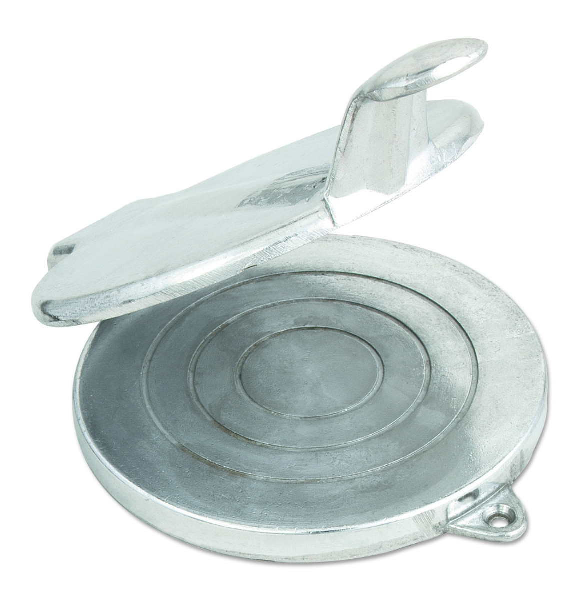 A metal tortilla press made of aluminum alloy with a round base and a hinged, slightly open top plate, both featuring concentric circle designs. The curved handle is for gripping, and the shiny surface resembles a premium Hamburger Press.