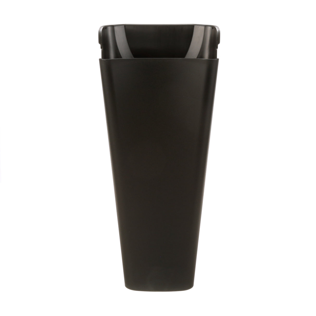 A tall, matte black travel tumbler with a tapered shape and a matching black lid, featuring a raised, glossy edge and small opening for drinking. Inspired by the sleek design of the Wjx80 Juice Extractor. Photographed against a plain white background.
