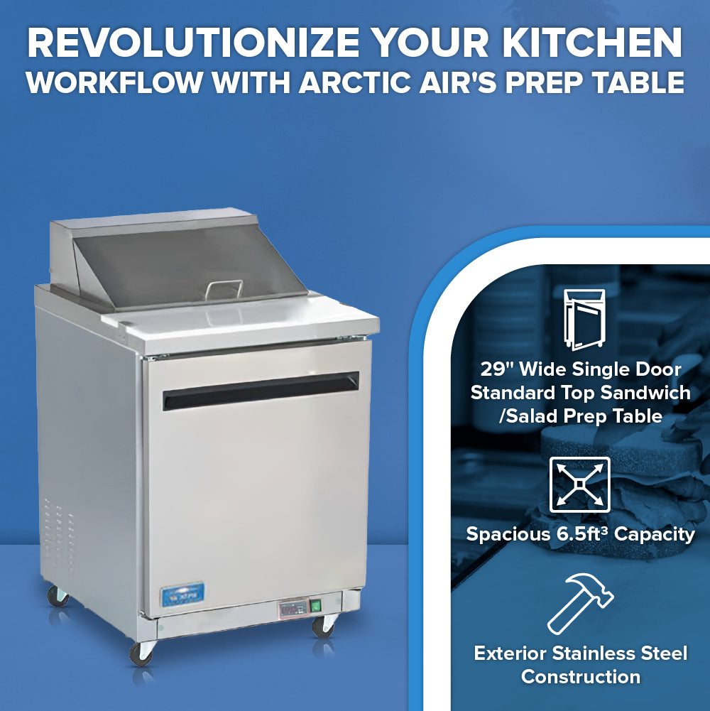 An Arctic Air AST28R sandwich prep table with a closed lid stands on wheels. Features include a 29 wide single door for sandwich or salad prep, spacious 6.5 cu ft capacity, and exterior stainless steel—set on blue with white accents.