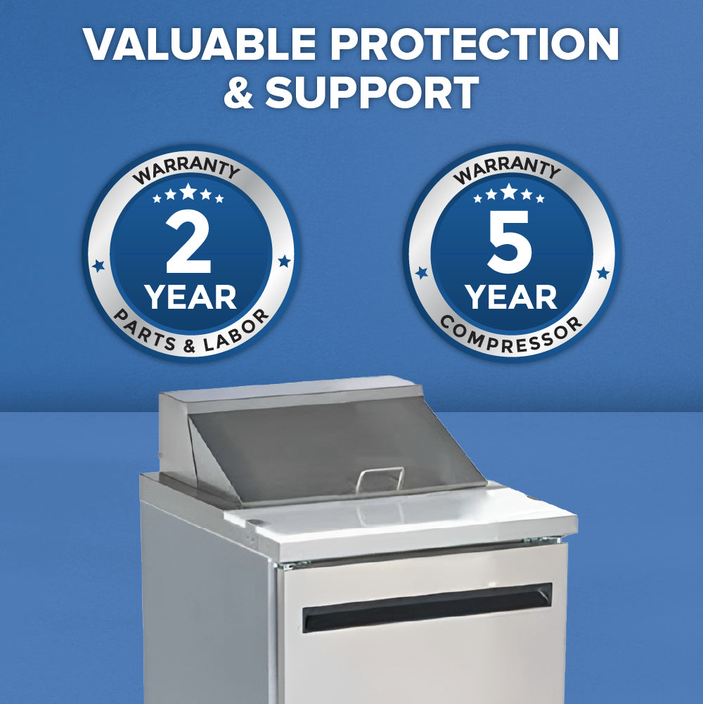 A stainless steel Arctic Air AST28R sandwich prep table stands in front of a blue background. Above it, two circular badges show warranty details: 2 Year Warranty Parts & Labor and 5 Year Warranty Compressor. Text reads Valuable Protection & Support.