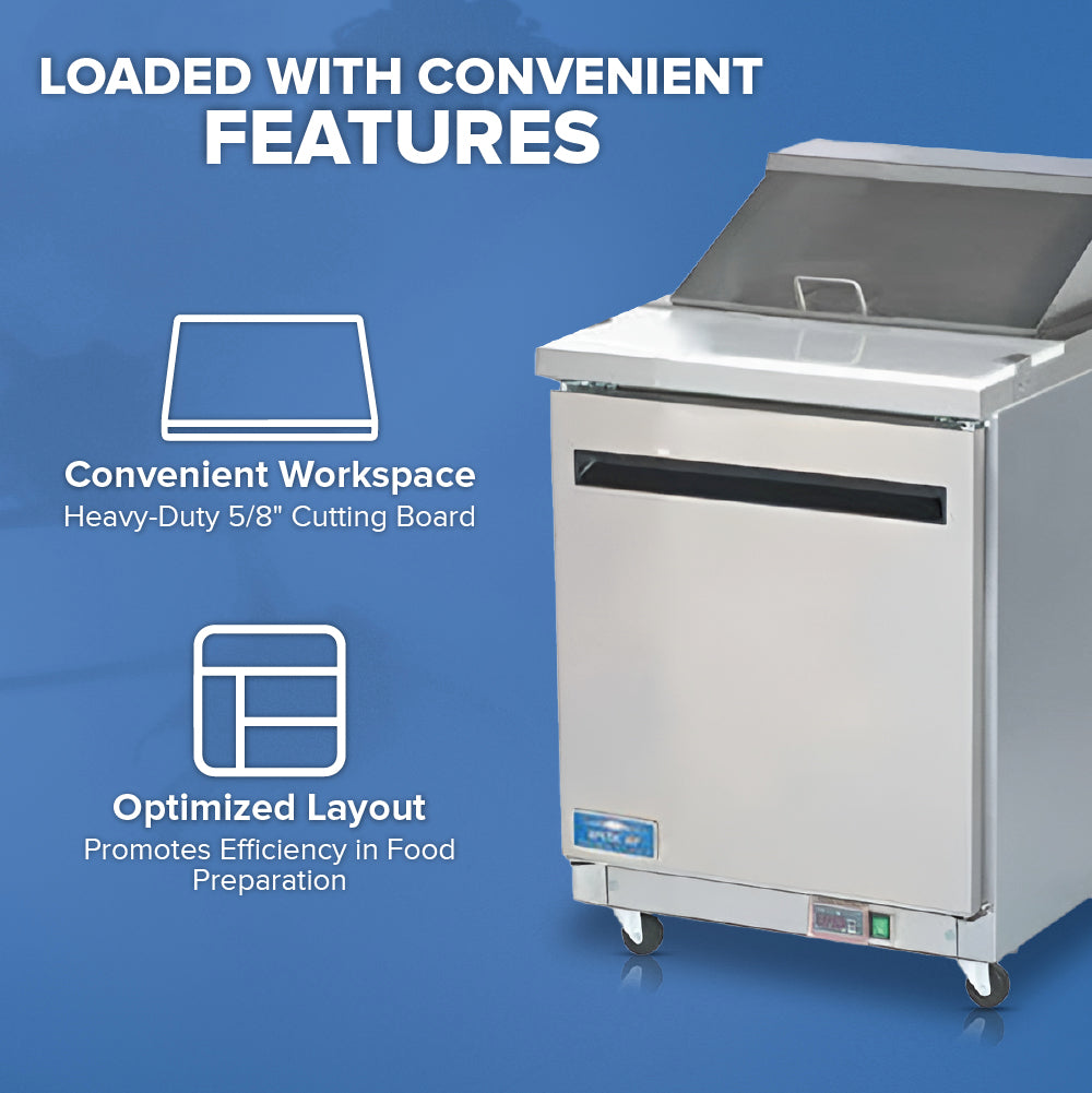 A commercial stainless steel salad prep table with a cutting board and top lid is shown on the right. On the left, icons and text highlight features: Convenient Workspace—Heavy-Duty 5/8 Cutting Board and Optimized Layout—Promotes Efficiency.