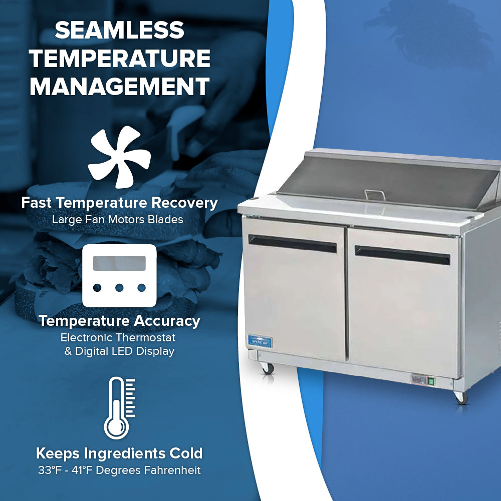 A commercial stainless steel refrigerator, like the Arctic Air AST48R sandwich prep table, is shown on the right. To the left, icons and text highlight fast temperature recovery, precise LED display, and a 33°F–41°F cooling range. Chef slicing food on blue background.