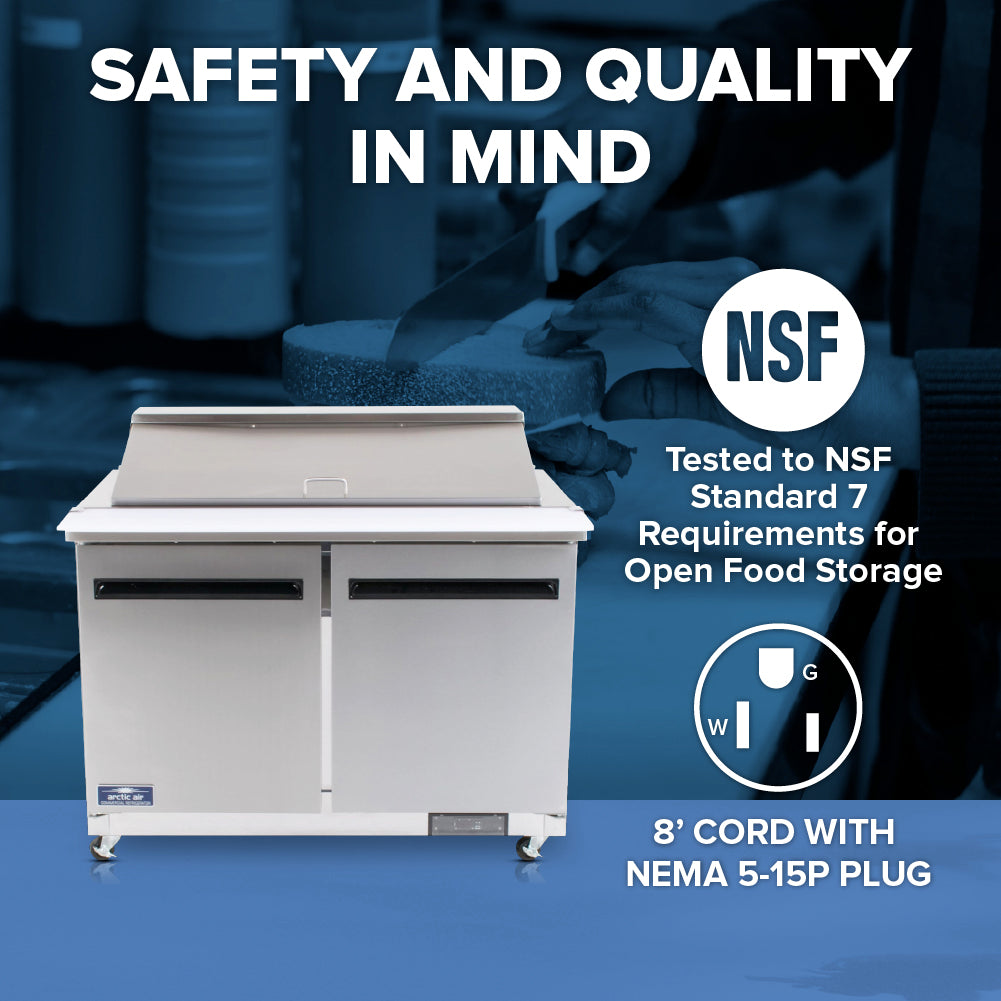 A commercial Arctic Air AST48R sandwich prep table with two doors and a raised cutting surface is in a kitchen setting. Text reads: “SAFETY AND QUALITY IN MIND,” “NSF Tested to NSF Standard 7,” and “8’ CORD WITH NEMA 5-15P PLUG.”.
