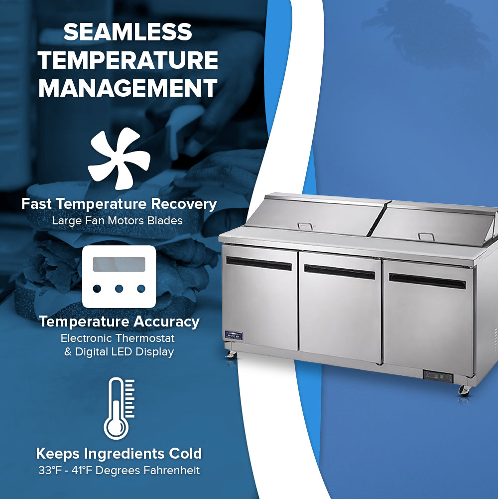 A commercial stainless steel Arctic Air AST72R refrigerator with three doors is on the right. On the left, text highlights features: seamless temperature management, fast recovery, digital display accuracy, and a 33–41°F range—perfect for any salad prep table.