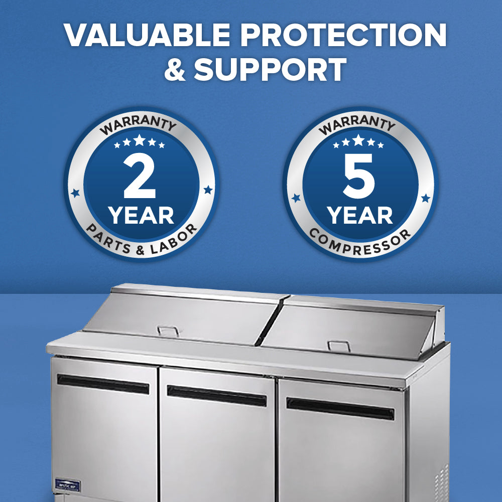 A three-door Arctic Air AST72R sandwich prep table with a stainless steel finish is shown against a blue background. Above it, two warranty badges indicate “2 Year Parts & Labor” and “5 Year Compressor.” White text reads, “Valuable Protection & Support.”.
