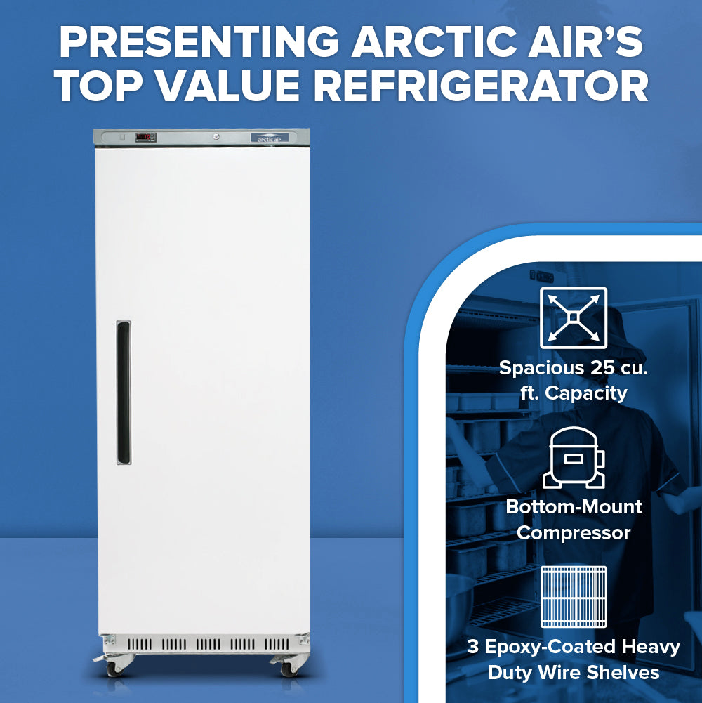 A white, single-door Arctic Air commercial refrigerator stands on wheels against a blue background. Features are listed beside it: “Spacious 25 cu. ft. Capacity,” “Bottom-Mount Compressor,” and “3 Epoxy-Coated Heavy Duty Wire Shelves.”.