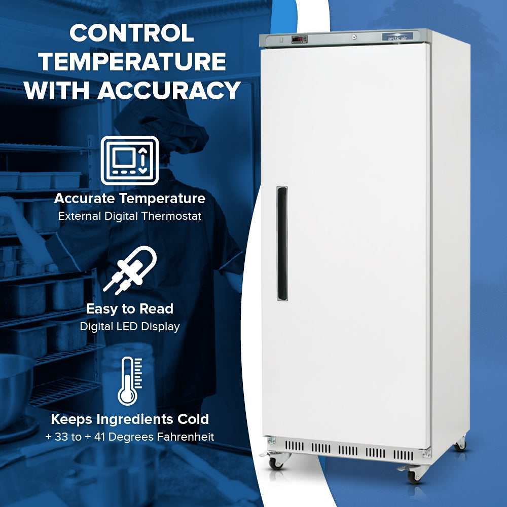 A tall, white 25 cu. ft. commercial refrigerator stands on wheels next to blue graphics highlighting its features: accurate temperature with a digital thermostat, easy-to-read LED display, and a 33–41°F cooling range. Control Temperature With Accuracy.