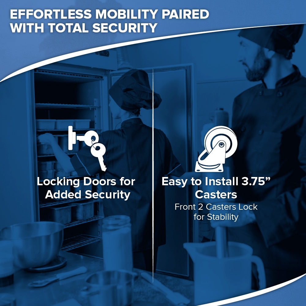 A chef in uniform accesses a commercial refrigerator as another person looks on. Text highlights features: Locking Doors for Added Security and Easy to Install 3.75” Casters, Front 2 Casters Lock for Stability. The setting is shaded in blue tones.