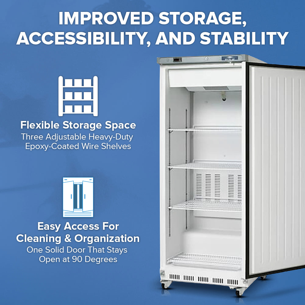 A commercial reach-in refrigerator with three adjustable wire shelves is shown with its solid door open at 90 degrees. Text highlights features: flexible storage space, easy access for cleaning, and organization. Blue background with white icons and bold headings.