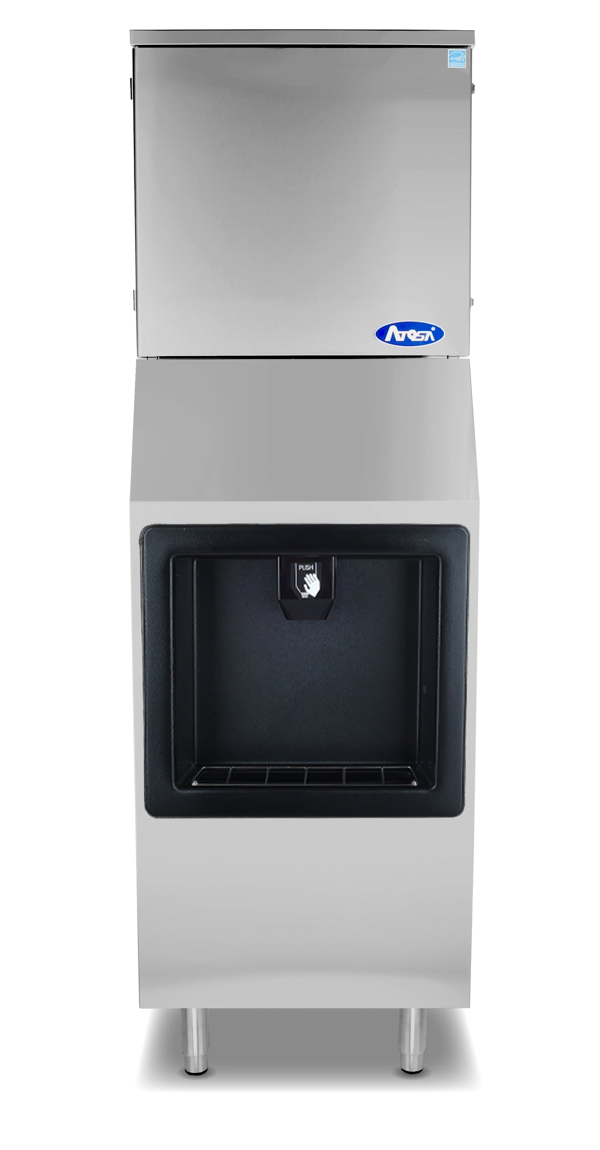 A commercial stainless steel ice dispenser with a rectangular shape, digital display, and push lever above the dispensing area. The Areox logo is on the front. This hotel ice machine dispenses full cube ice and stands on four metal legs with a black compartment.