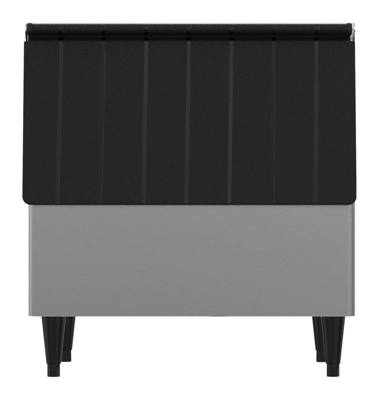 A front view of a modern commercial ice bin with a 250 lb ice storage capacity, featuring a black, slanted textured lid and stainless steel body. Sturdy legs and a minimalist design make it ideal for restaurant or kitchen use.