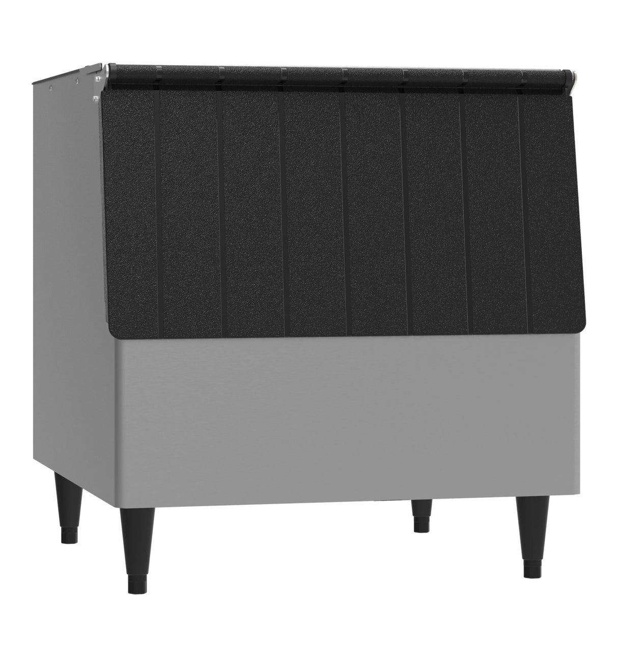 A commercial 250 lb ice storage bin with a stainless steel body, black slanted lid, and four sturdy legs. The lid’s vertical ridges and the bin’s clean, angular lines create an industrial look ideal for food service settings.