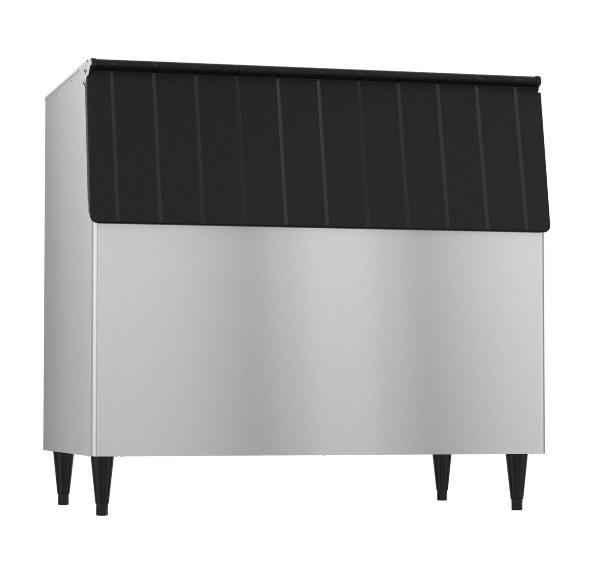 A commercial Hoshizaki ice bin featuring a brushed stainless steel body, black sloped plastic lid, and four black legs. The rectangular shape and simple, industrial design make it ideal for ice storage in restaurants or kitchens.