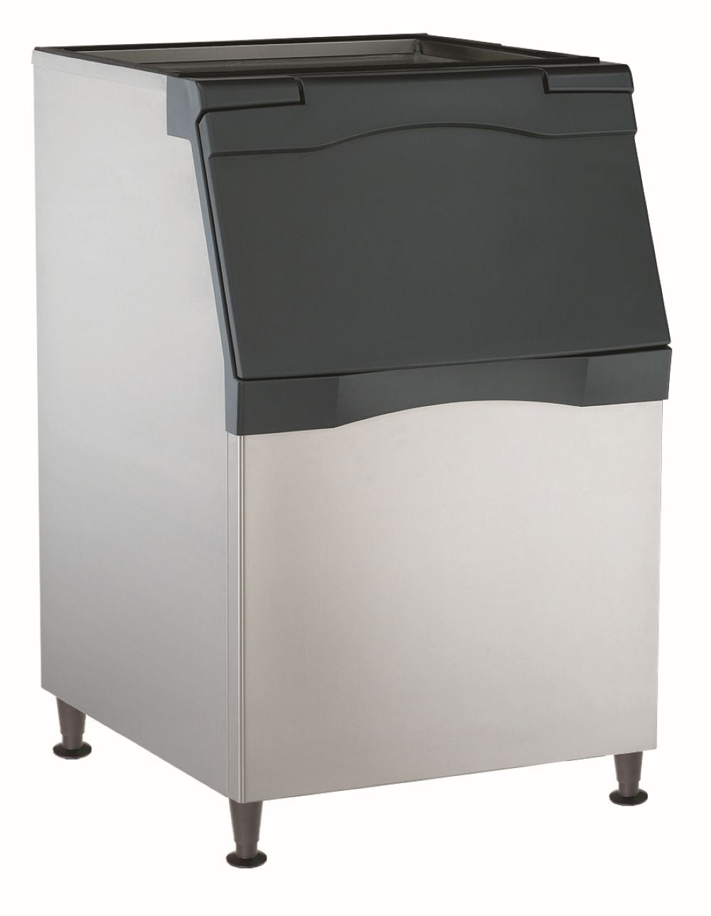 A commercial stainless steel Ice Bin with a black, slanted front lid and 536 lb capacity. The rectangular unit stands on four short legs, featuring a clean, smooth surface and is ideal for use with a top-mounted ice maker.