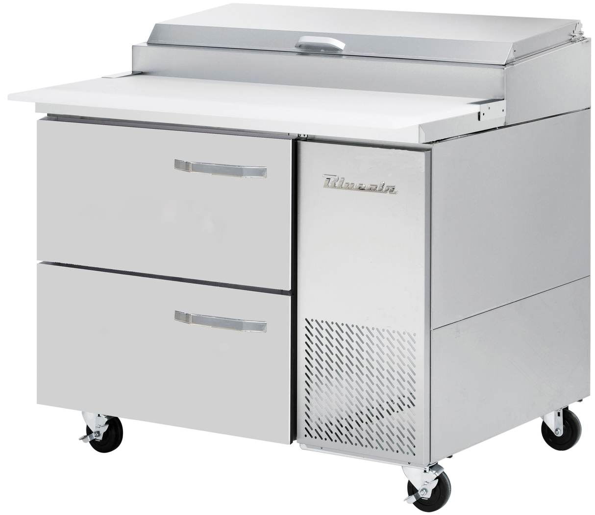 A Blue Air BAPP44-D2-HC refrigerated prep table, this stainless steel unit features two drawers, a door, a closed top lid, and a work surface. Four caster wheels and a vented panel labeled “True” complete this efficient pizza prep table.