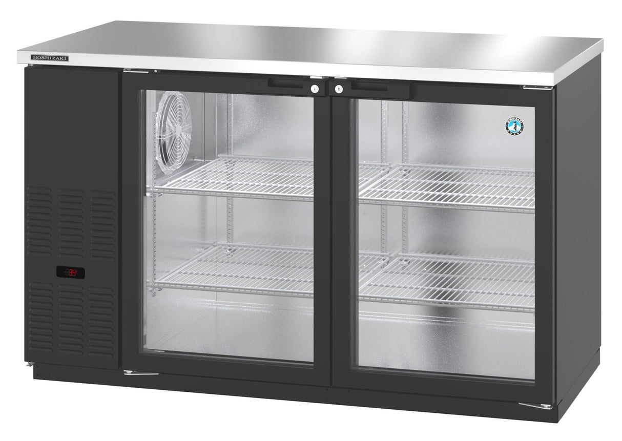 A commercial double-door glass-front refrigerator, like the Hoshizaki BB59-G Refrigerated Back Bar Cooler, features a stainless steel top, black exterior, interior lighting, two wire shelves, a left-side fan, and a digital temperature display on the bottom left.