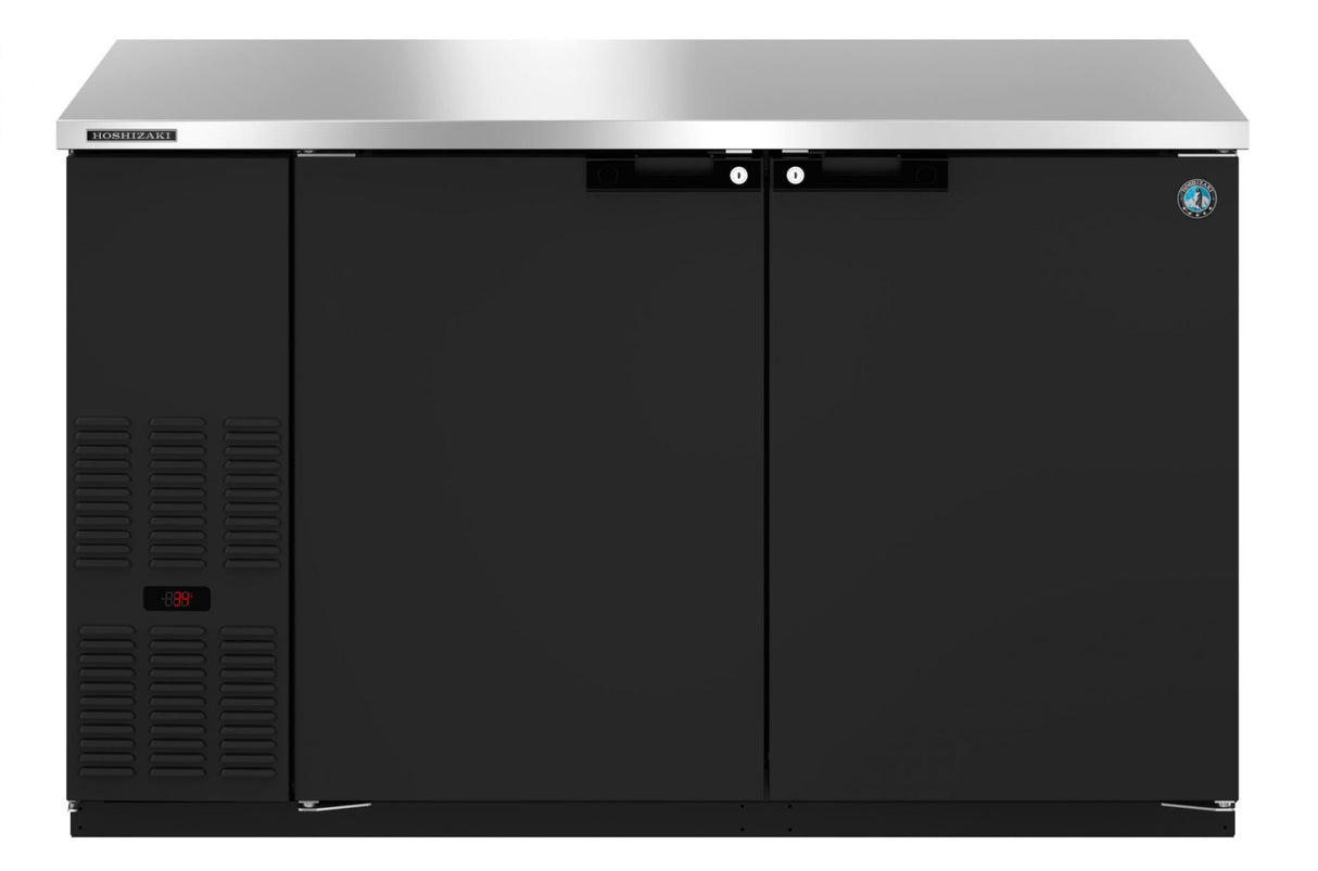 A commercial black, double-door Hoshizaki BB59 undercounter refrigerator with a stainless steel top and vented section on the lower left. This two-section reach-in features recessed handles, a round brand logo, and a digital temperature display reading 39.