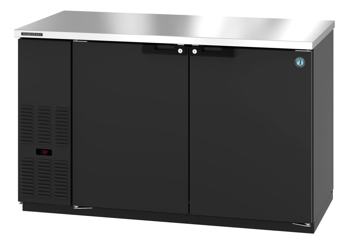 A sleek, modern Hoshizaki BB59 two-section reach-in black undercounter refrigerator with dual doors, stainless steel top, and left-side digital temperature display is set against a plain white background.