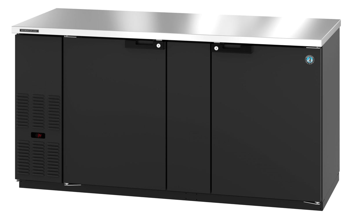The Hoshizaki BB69 is a commercial black double-door Refrigerated Back Bar Cooler with a stainless steel top, digital temperature display on the lower left, solid doors, ventilation panel, and a blue energy certification label on the right side.