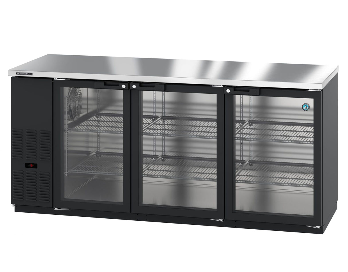 A commercial black and stainless steel Hoshizaki BB80-G undercounter glass door bar cooler with three glass doors, metal shelving, a digital temperature display on the left, and a vented cooling unit on the lower left side. The unit stands on small legs.