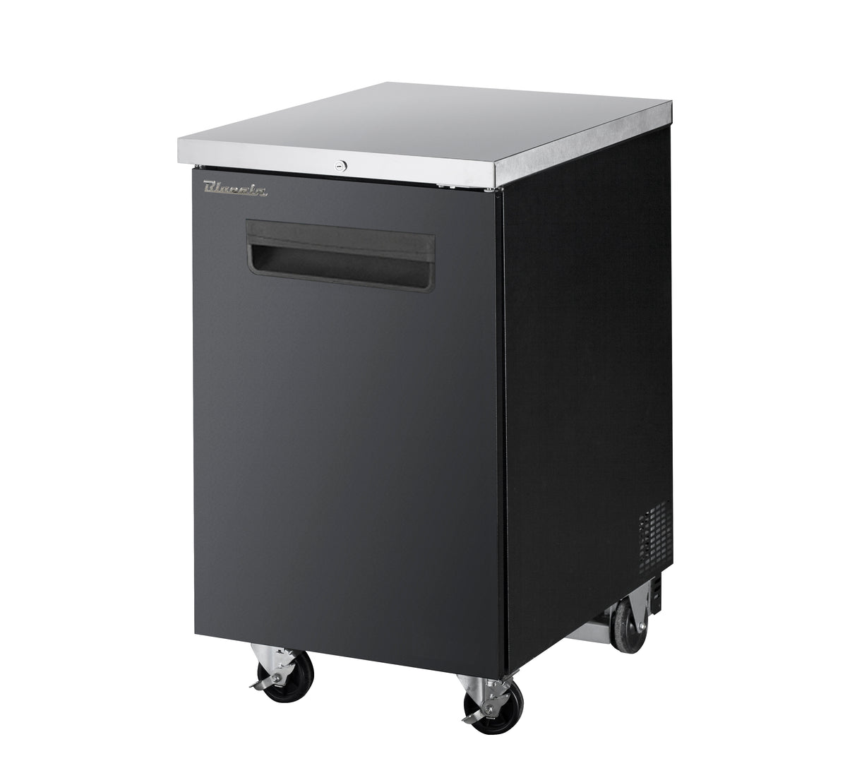 A compact, black, one-section metal cabinet on four caster wheels with a stainless steel top. The front features a recessed handle and small logo near the top. This back bar cooler boasts a clean, modern design for storage or refrigeration.