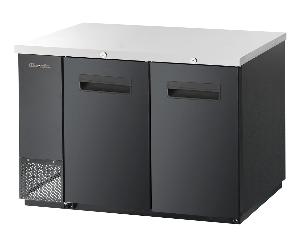 A two-section commercial undercounter black refrigerator with two solid doors, recessed handles, a vented panel on the lower left, and a flat, white countertop surface—ideal as a Back Bar Cooler for kitchens or bars.
