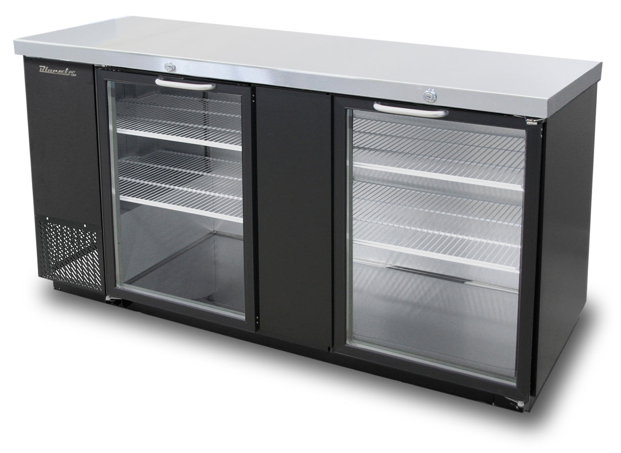 A two-section Back Bar Cooler in stainless steel and black, featuring glass hinged doors, four shelves, and a vented left panel. The well-lit interior is empty, displaying wire racks designed for convenient beverage storage.