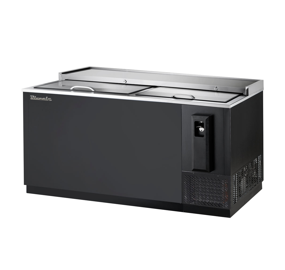 A large, rectangular bottle cooler with a black exterior, sliding stainless steel top lids, and a vented side-mounted refrigeration unit on the lower right. The brand name “Maxx Cold” appears on the upper left front corner.