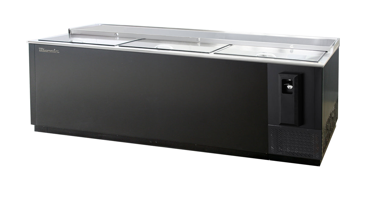 A commercial bottle cooler with 31.3 cu. ft. capacity featuring three sliding glass lids, metal trim, and a side-mounted refrigeration system. Its plain, industrial design sits on a solid black base with a control panel on the right front.