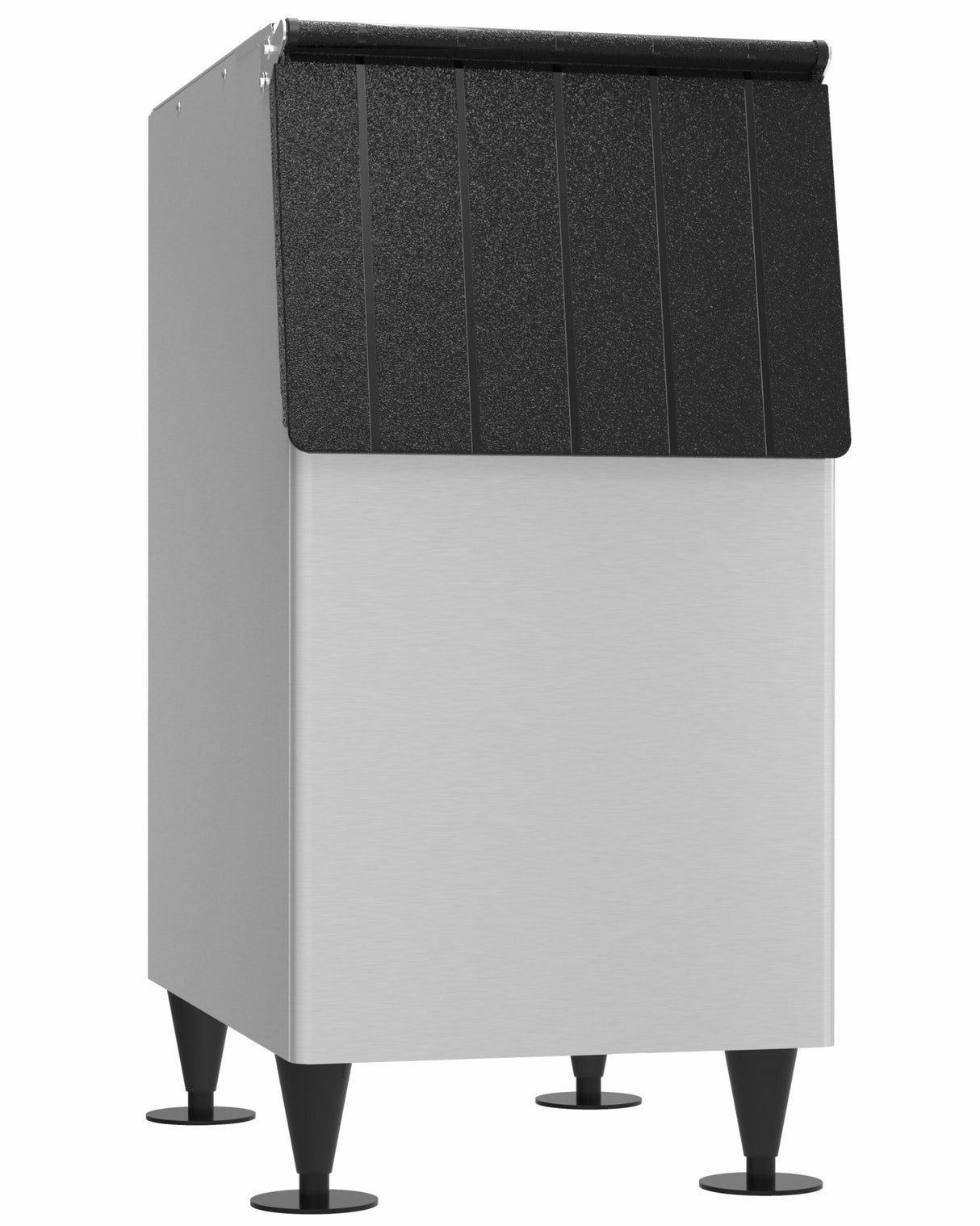 A commercial stainless steel ice bin with a 300-lb ice storage capacity features a slanted black textured lid and stands on four black adjustable legs. The modern design boasts clean lines and a sturdy, industrial appearance, photographed against a white background.