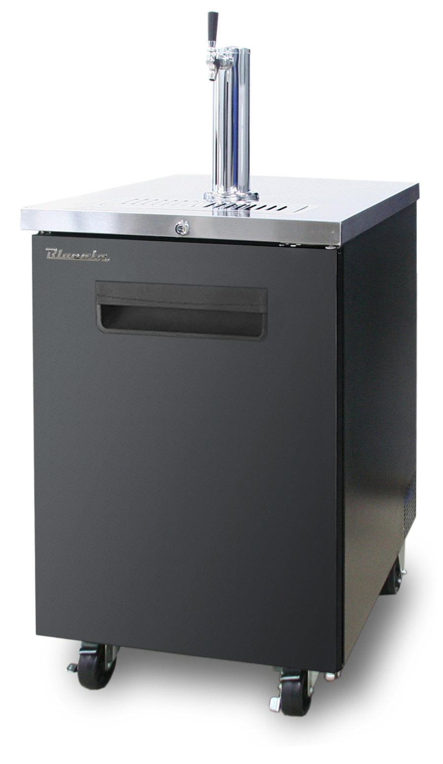 A sleek, modern beer dispenser, this black kegerator features a stainless steel top, tap tower, and single faucet. Standing on four wheels with a recessed handle and lock, it's the perfect keg cooler for dispensing draft beer in style.