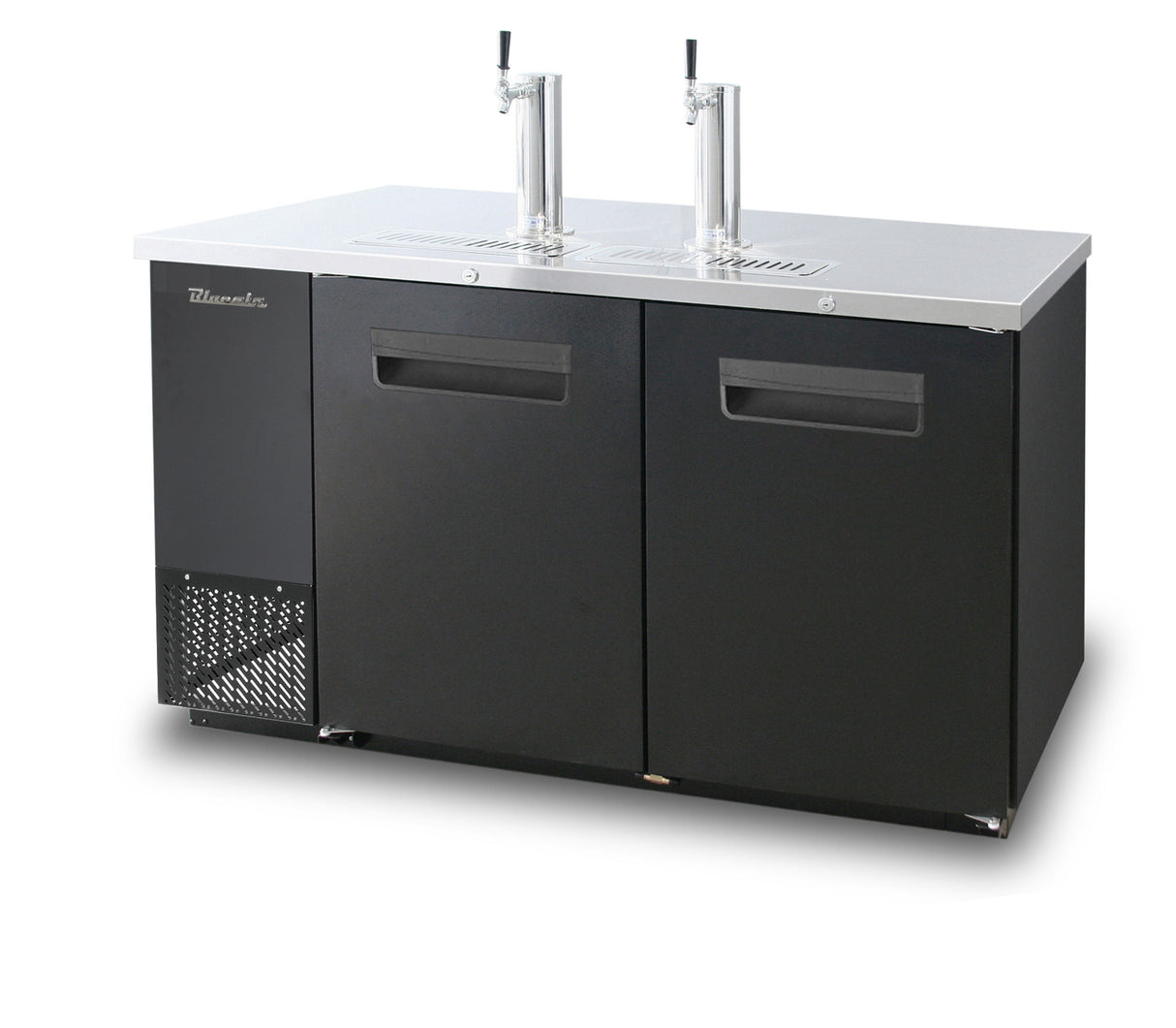 A commercial black and stainless steel keg cooler with two taps on top, dual cabinet doors, and ventilation grates on the left side. This commercial refrigeration unit sits on a flat surface with a clean white background.