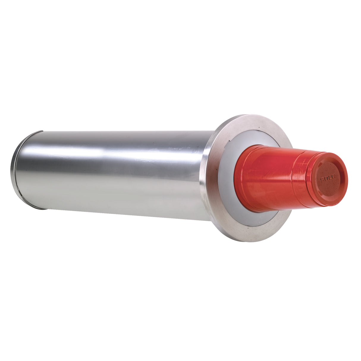 A large cylindrical stainless steel object with a shiny silver body and a wide flange near one end. A bright red, cylindrical cap covers the narrower end, contrasting with the metallic surface—ideal as an in-counter Cup Dispenser. The background is plain white.