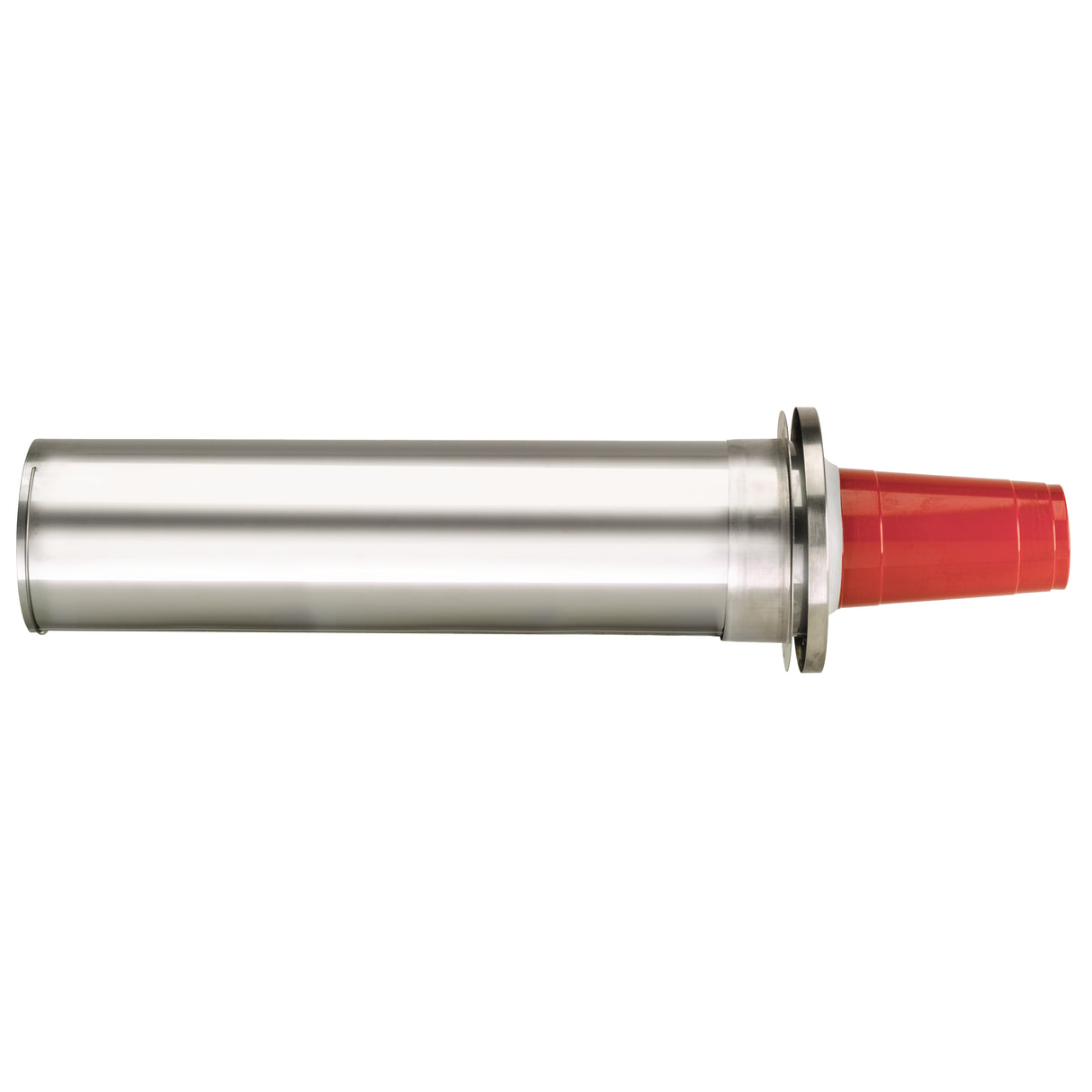 A stainless steel Cup Dispenser holds a stack of red plastic cones with their tapered ends facing outward. The in-counter dispenser features a metallic flange near the cones and is set against a plain white background.