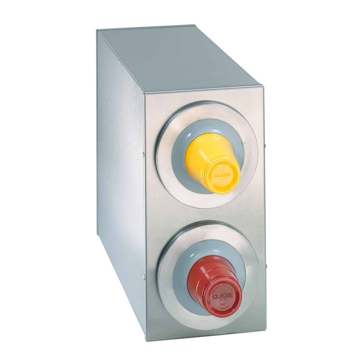 A brushed metal box, reminiscent of a cup dispensing cabinet, features two large round buttons—a yellow button on top and a red one below—with protective covers and labels. It sits against a white background.