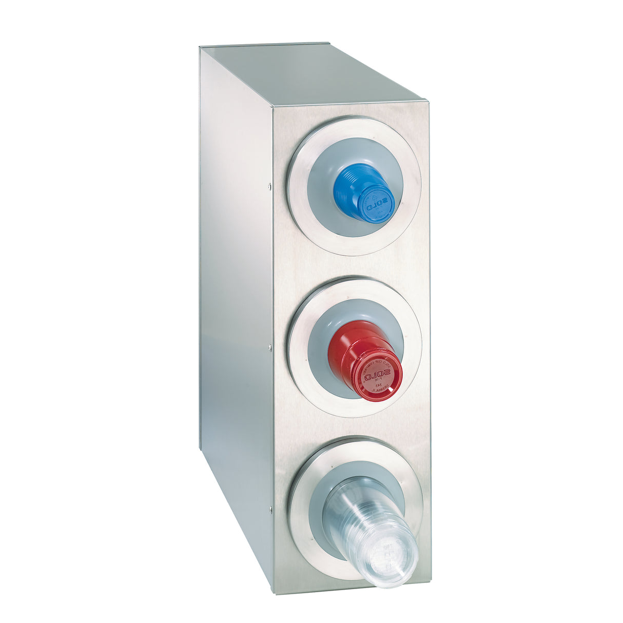 A stainless steel cup dispenser holds three stacks of plastic cups, each visible through a circular opening. Blue, red, and clear cups are arranged top to bottom. This NSF cup dispenser stands upright with a sleek, industrial design.