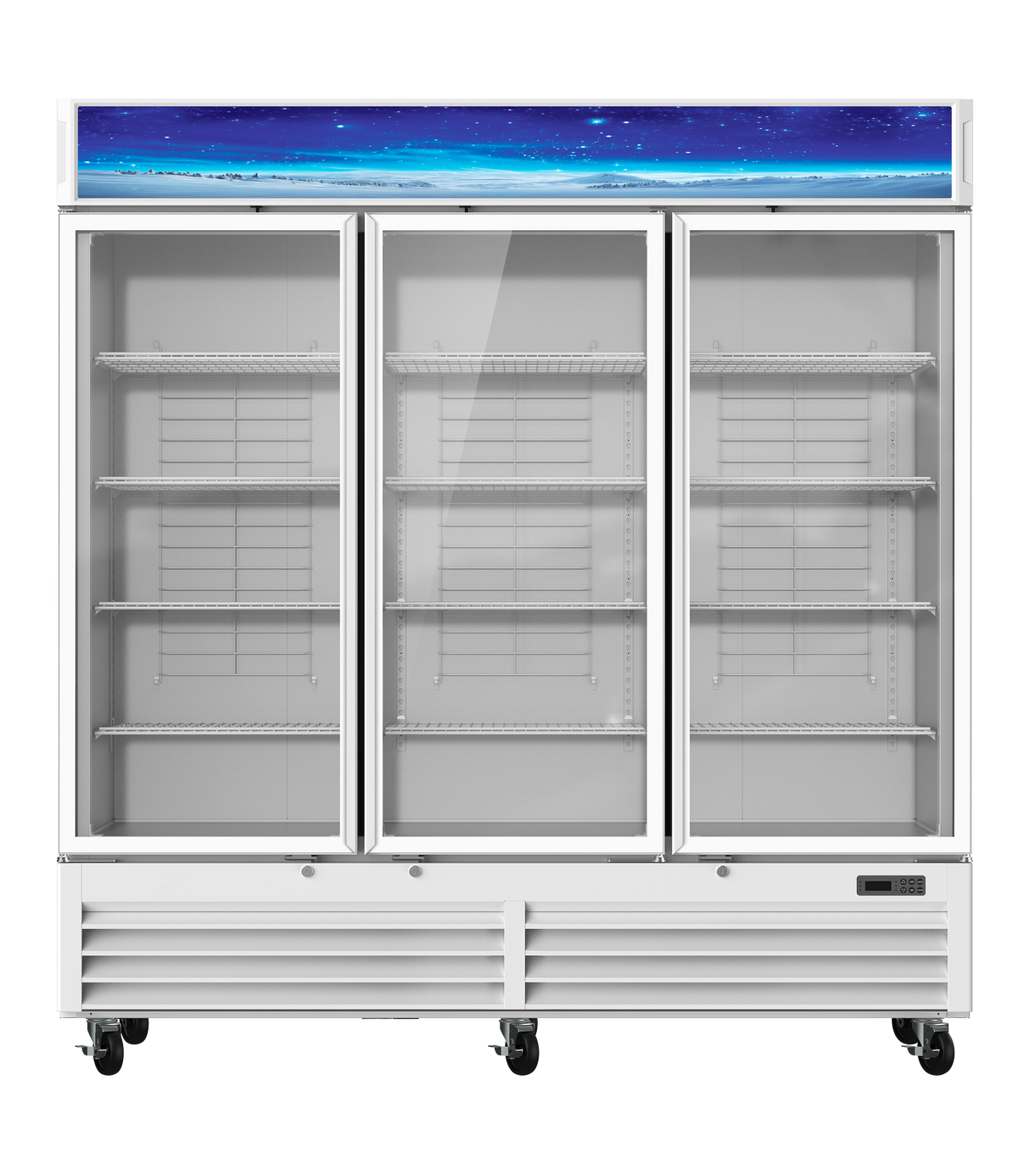 A large refrigerated merchandiser with three glass-door sections and adjustable wire shelves. This commercial refrigerator is white, on wheels, and features a blue, starry lighted sign panel at the top. Background is plain white.