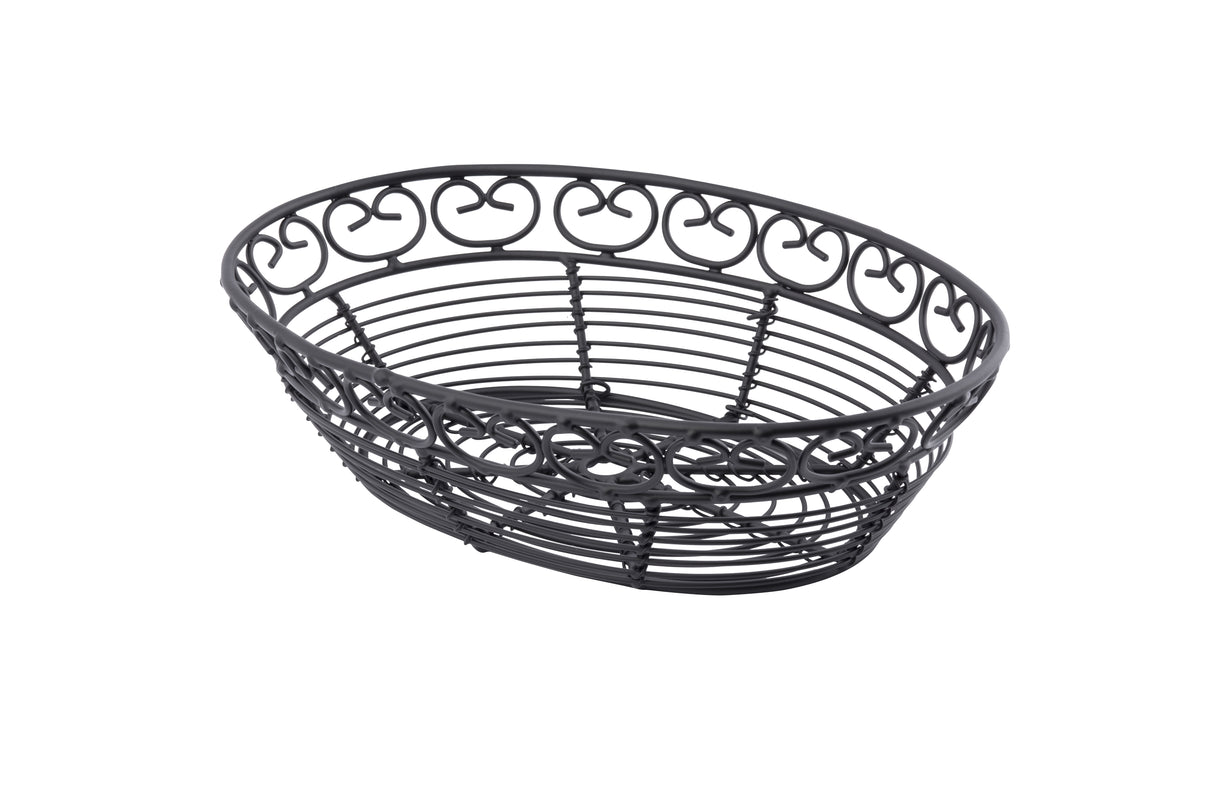 A black powder coated metal oval basket from the TableCraft Mediterranean Collection. It features an open, airy design with a decorative swirl rim and evenly spaced horizontal lines. The empty basket is set against a white background.