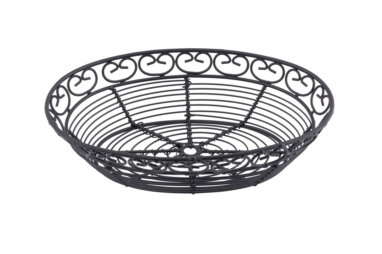 A round, black powder coated metal wire basket from the Mediterranean Collection Basket by TableCraft. The open design features a decorative scroll rim and concentric circular wires, and sits empty against a white background.