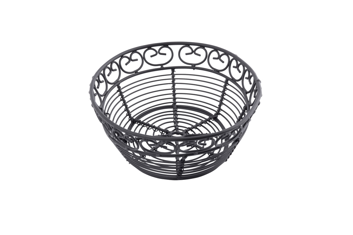 A black powder coated metal, round wire basket from the Mediterranean Collection Basket by TableCraft features a decorative swirled rim and open, evenly spaced wires forming the sides and base, shown on a white background.