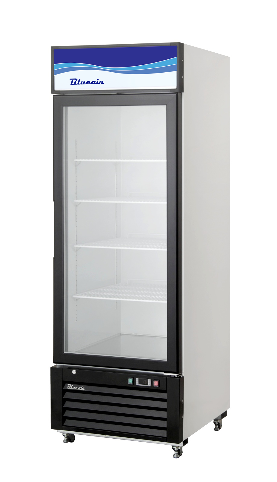 A tall, upright commercial display refrigerator with a glass door, three wire shelves, and wheels. The black frame and silver body are topped with a blue sign featuring white and blue wavy accents and the “Blueair” brand name.