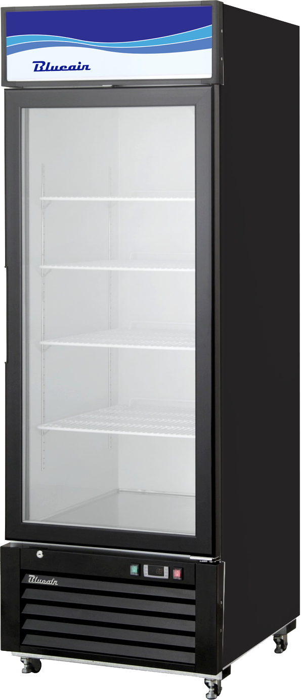 A tall, black commercial display cooler with a glass door, three white wire shelves, and the brand name Blusain on the illuminated top sign. The refrigerated merchandiser features a vented base, control panel, casters, and stands empty and upright.