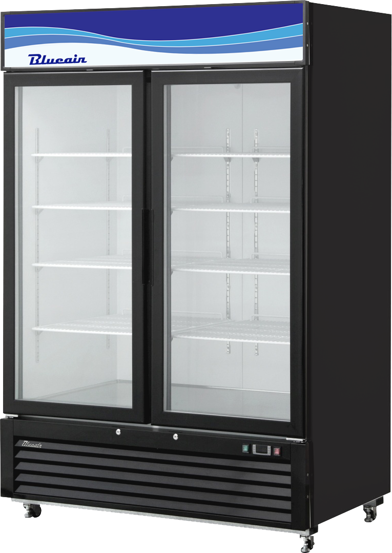 A 49 Cu. Ft. Refrigerated Merchandiser featuring double pane glass doors, a black exterior, empty white wire shelves, and a blue “Blueair” label with a wavy graphic on top. The fridge stands on caster wheels for easy mobility.