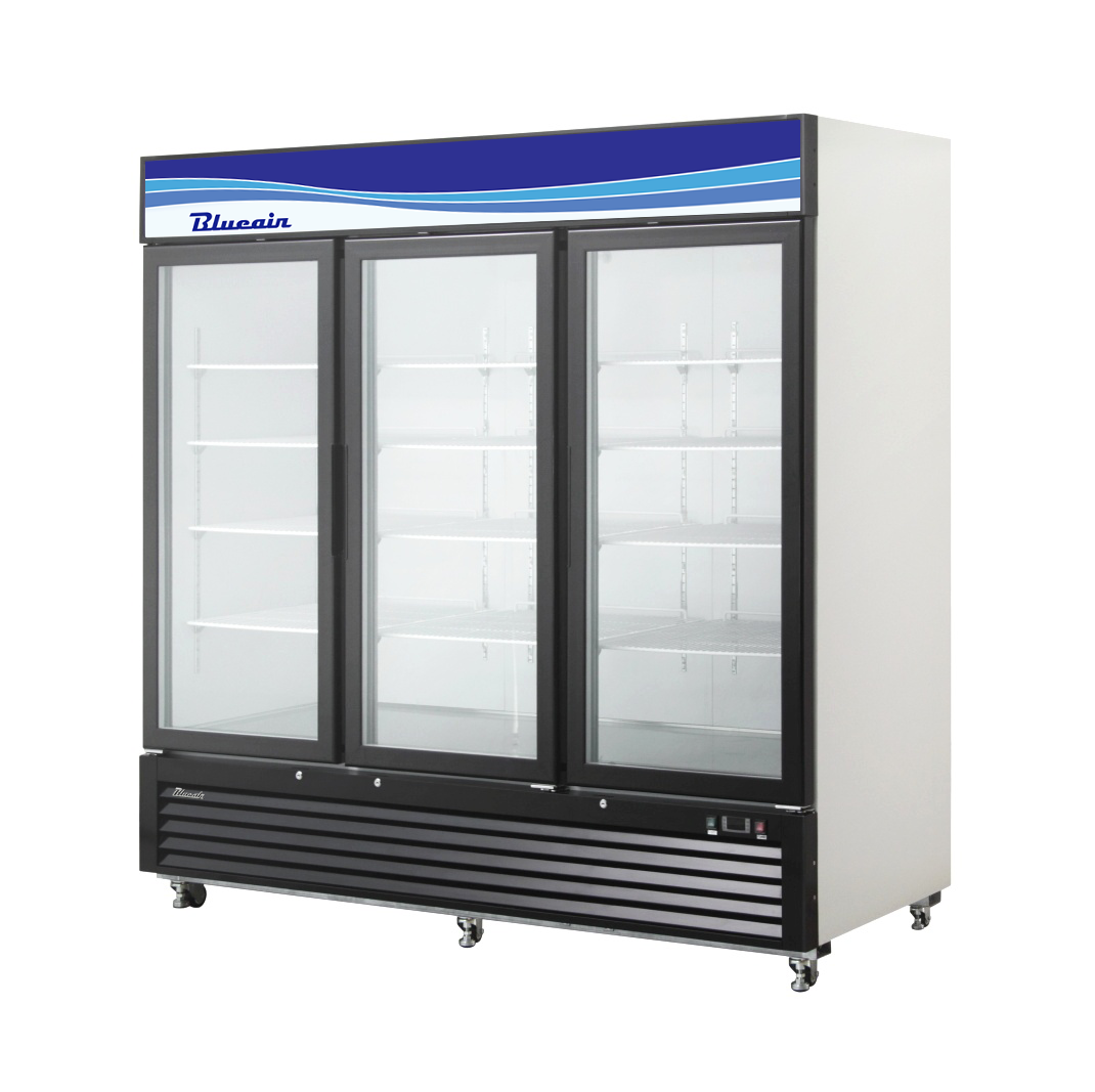 A large glass door refrigerator with three clear doors reveals empty white shelves inside. This refrigerated merchandiser features a black vented base, wheels for mobility, and a blue “Blueair” sign with decorative wave patterns at the top.