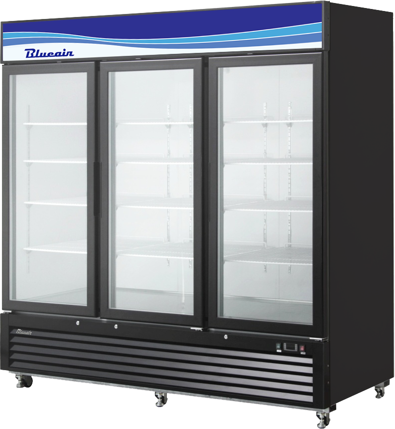 A three-section refrigerated merchandiser with three glass doors, black frame, and wheels. Features bottom-mount refrigeration, multiple adjustable white shelves, and a top panel with a blue wave design and Blueair branding. The fridge is empty.