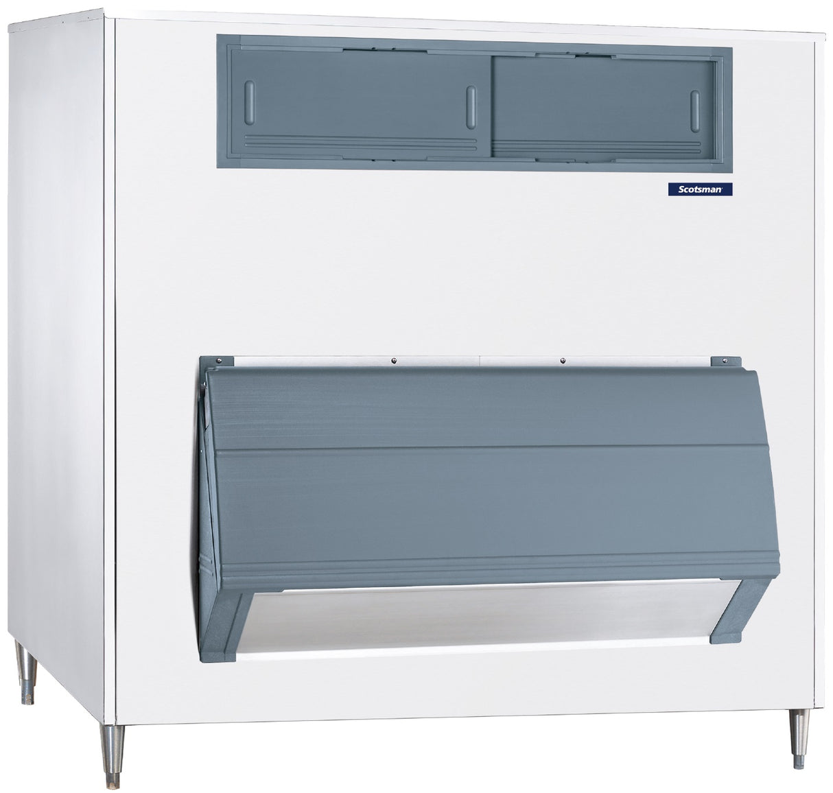 A large commercial ice storage bin with a white body and gray doors. The top section has two rectangular compartments, while the lower section features a wide, slanted door for ice retrieval. An Upright Ice Storage Bin, it stands on metal legs with a “Scotsman” logo visible.