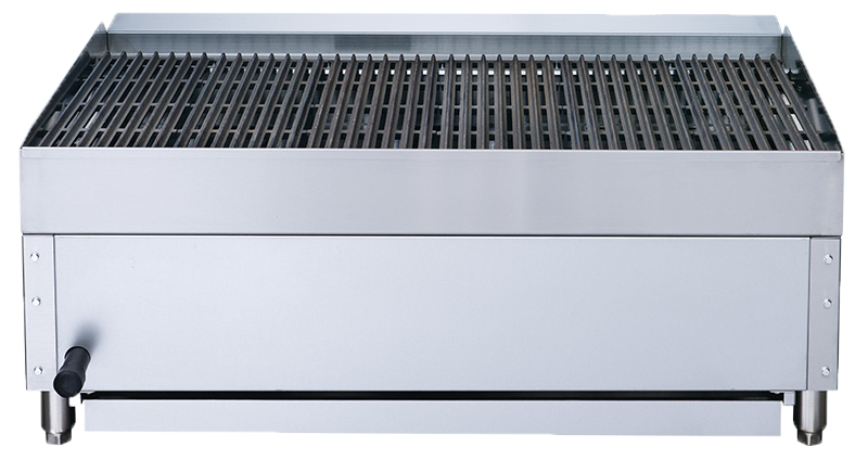 A stainless steel gas countertop charbroiler with a rectangular shape, featuring a solid metal body and large cooking grate. Control knobs on the lower front and a clean, modern industrial design make it ideal for restaurant or professional kitchen use.