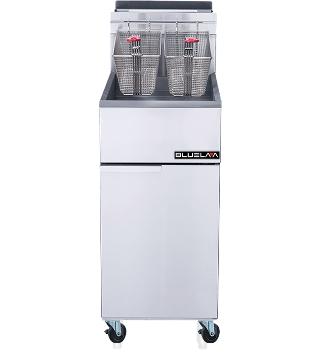 A commercial stainless steel Deep Fryer with a 40 lbs capacity, four metal baskets with red handles, and a rectangular shape. The fryer features a cabinet below, sits on four caster wheels, and displays the “BLUELAA” brand on the front. Plain white background.